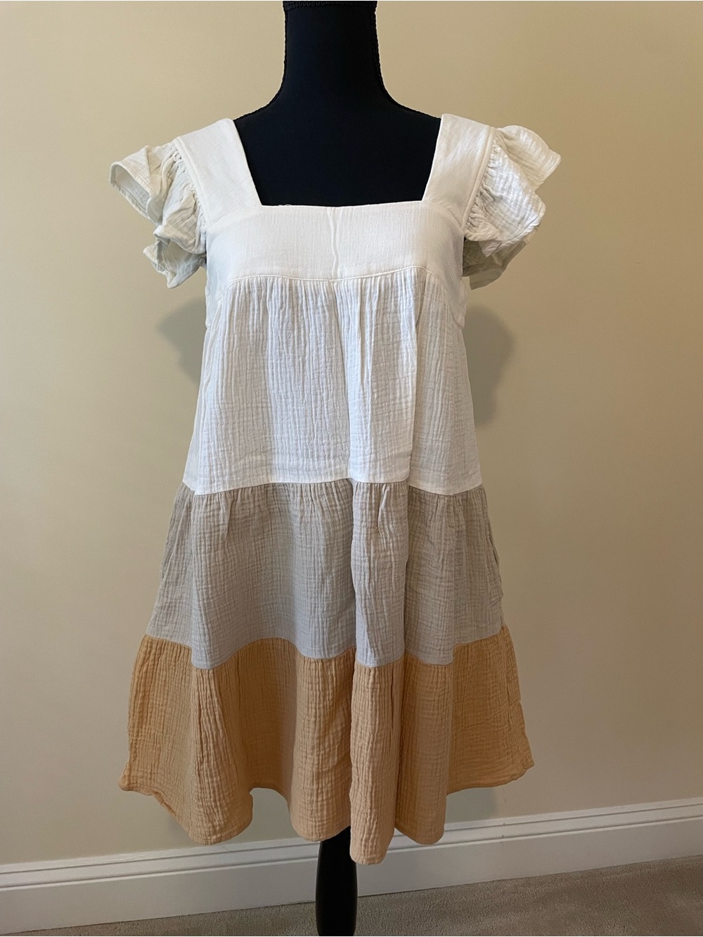 Aura Boutique Tiered Smocked Square-Neck Dress in White, Taupe & Mustard